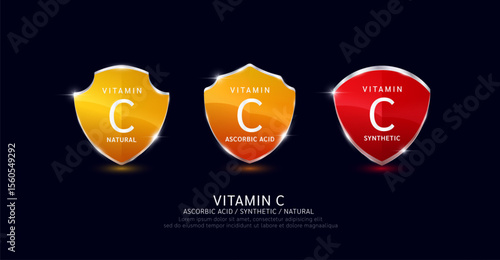 Vitamin C in translucent glass shield aluminum frame shiny modern 3D isolated on dark background. Vitamins set. For design dietary supplement products. Health care protection concept. Vector.