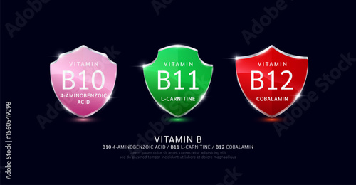 Vitamin B10 B11 B12 in translucent glass shield aluminum frame shiny modern 3D isolated on dark background. For design dietary supplement products. Health care protection. Vector.