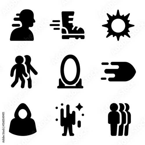 Sci-Fi Movement Icons. Solid, filled icon set of sci-fi movement: phasing silhouette, high-tech boots, antimatter burst, shadow