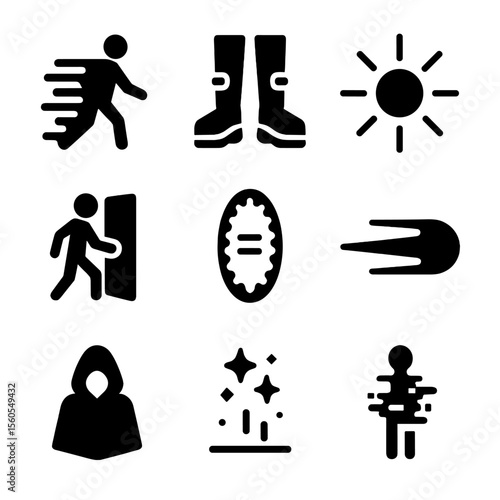 Sci-Fi Movement Icons. Solid, filled icon set of sci-fi movement: phasing silhouette, high-tech boots, antimatter burst, shadow