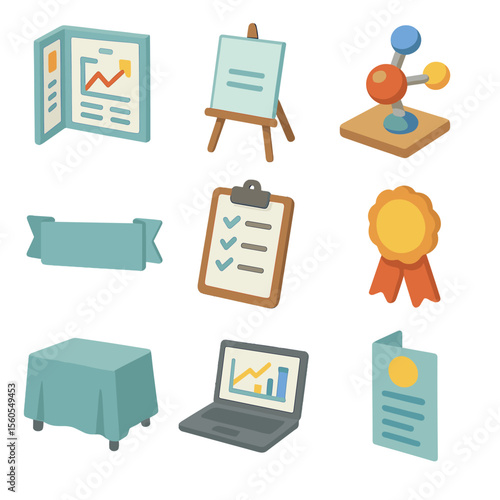 Science Fair Icons. Isometric Flat icon set of science fair presentation: poster board, tripod display, 3D model, project title