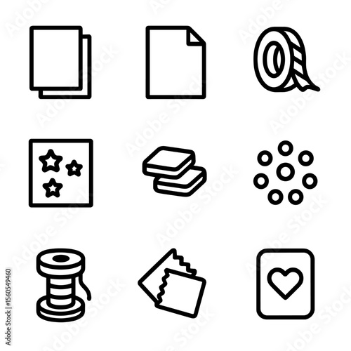 Scrapbooking Icon Set. Solid, filled icon set of scrapbooking materials: cardstock, vellum, washi tape, stickers, ink pads,