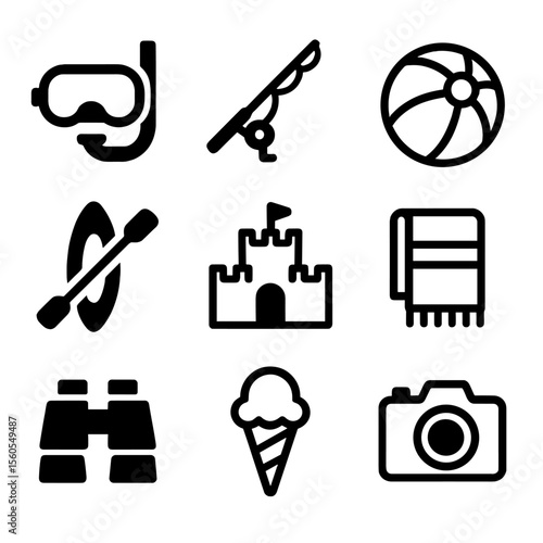 Seaside Activity Icons. Solid, filled icon set of seaside activities: snorkeling mask, fishing rod, beach ball, kayak, sandcastle,