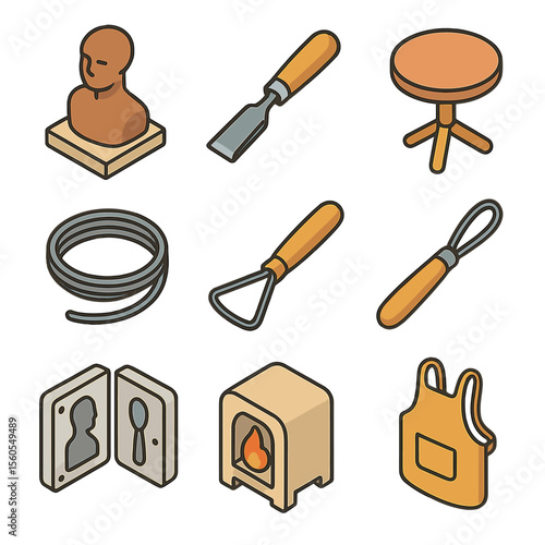 Sculpting Tools Icon Set. Isometric Flat icon set of sculpting and carving techniques: clay sculpture, carving chisel, modeling