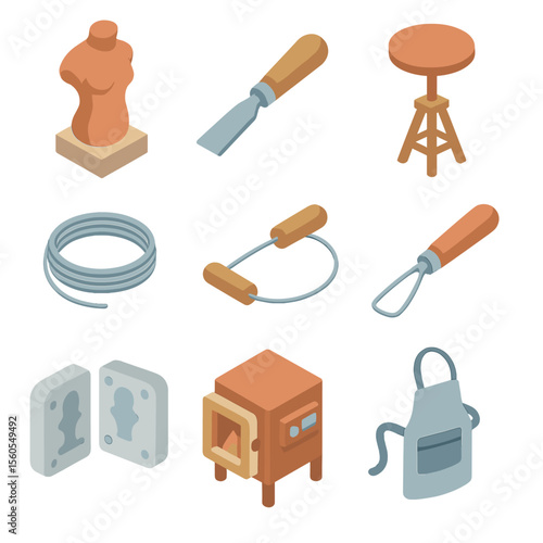 Sculpting Tools Icon Set. Isometric Flat icon set of sculpting and carving techniques: clay sculpture, carving chisel, modeling