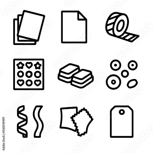 Scrapbooking Icon Set. Solid, filled icon set of scrapbooking materials: cardstock, vellum, washi tape, stickers, ink pads,