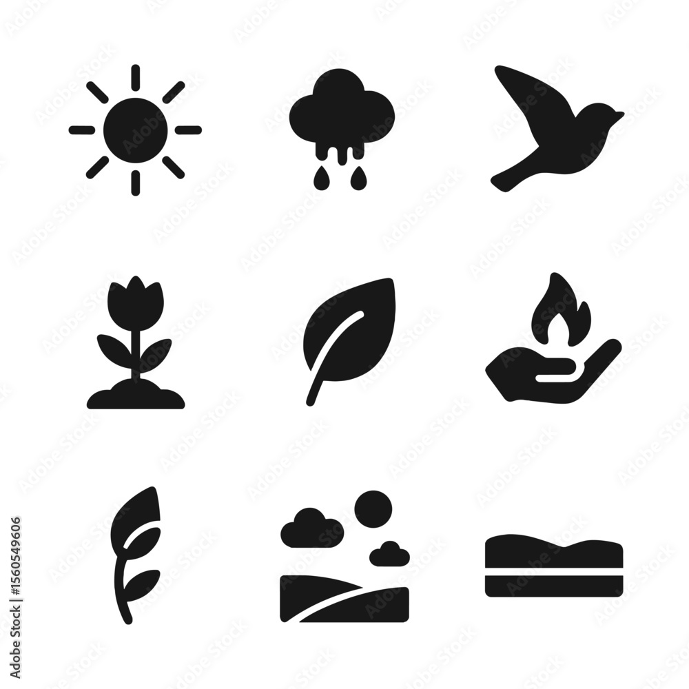 Seasonal Icon Grid. Solid, filled icon set of seasonal renewal: spring sun, snow melting, early bloom, migrating bird, fresh leaf, Seasonal Icon Grid. Solid, filled icon set of seasonal renewal: spring sun, snow melting, early bloom, migrating bird, fresh leaf,