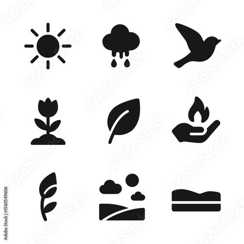 Seasonal Icon Grid. Solid, filled icon set of seasonal renewal: spring sun, snow melting, early bloom, migrating bird, fresh leaf,