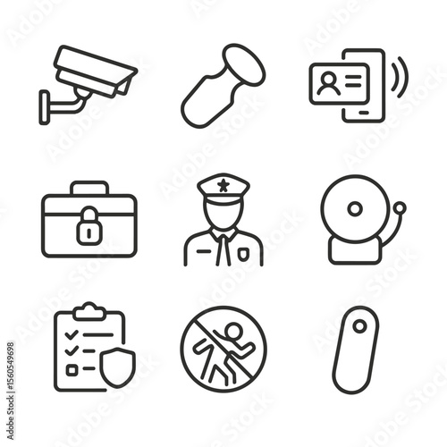 Security Icon Set. Outline icon set of Security and Loss Prevention: surveillance camera, security tag remover, badge scanner,