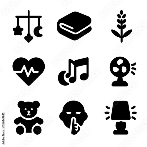 Sensory Calm Icons. Solid, filled icon set of sensory calm aids: soft mobile, plush blanket, lavender icon, heartbeat sound, sleep