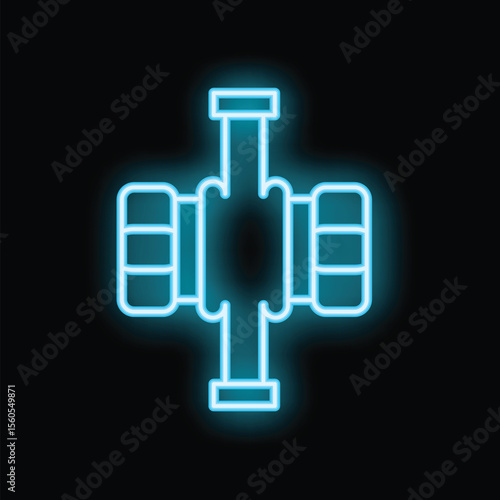 Blue neon icon of a pipe fitting with flanges glowing on a dark background