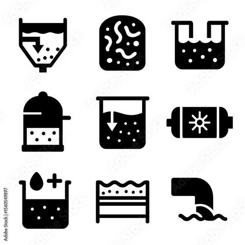 Sewer Treatment Icons. Solid, filled icon set of sewer treatment processes: primary clarifier, biological reactor, aeration tank,