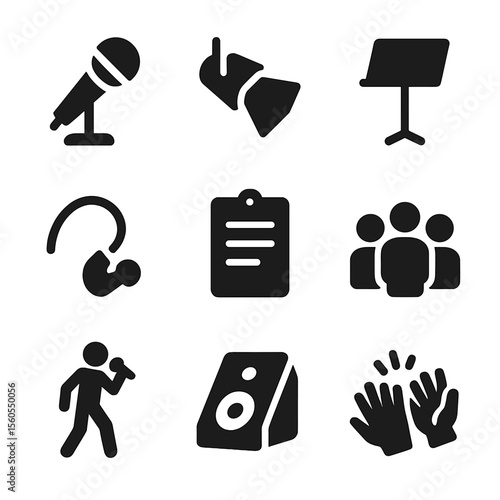 Singing Performance Icons. Solid, filled icon set of singing performance elements: stage microphone, spotlight, music stand,