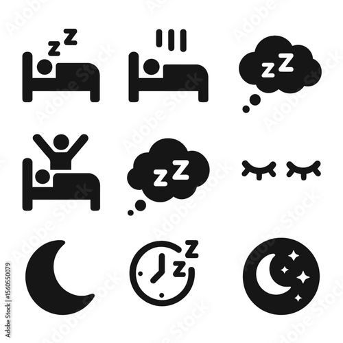 Sleep Cycle Icons. Solid, filled icon set of sleep cycle stages: REM sleep, deep sleep, light sleep, wake up, dream cloud, closed
