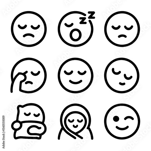 Sleepy Face Icons. Solid, filled icon set of funny faces with sleepy expressions: droopy eyes, yawning, snoring, rubbing eyes,
