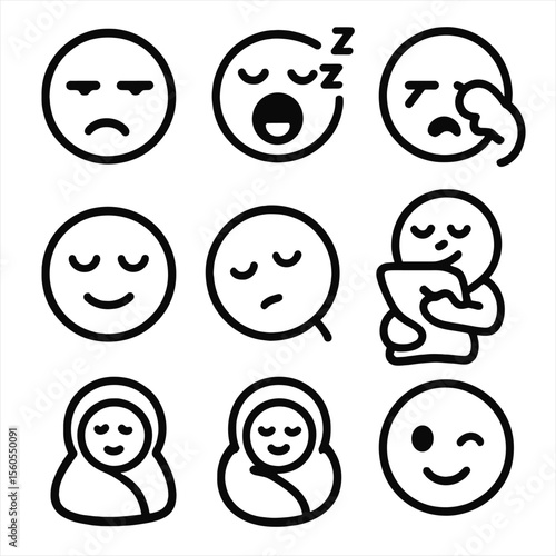 Sleepy Face Icons. Solid, filled icon set of funny faces with sleepy expressions: droopy eyes, yawning, snoring, rubbing eyes,