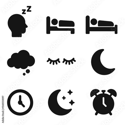 Sleep Cycle Icons. Solid, filled icon set of sleep cycle stages: REM sleep, deep sleep, light sleep, wake up, dream cloud, closed