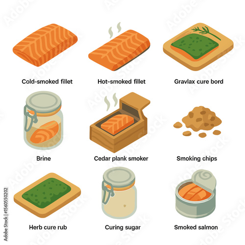 Smoked Salmon Methods Icons. Isometric Flat icon set of salmon smoking and curing methods: cold-smoked fillet, hot-smoked fillet,