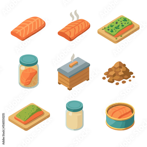 Smoked Salmon Methods Icons. Isometric Flat icon set of salmon smoking and curing methods: cold-smoked fillet, hot-smoked fillet,
