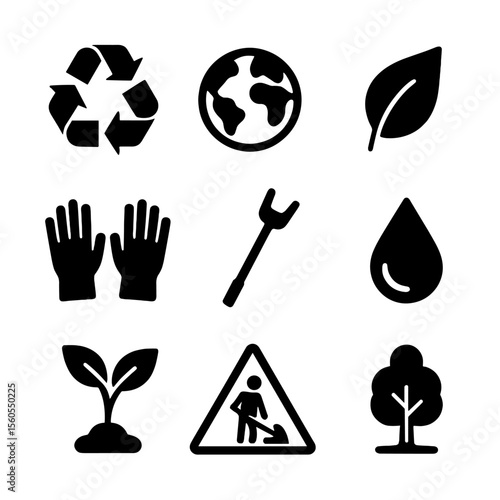 Eco Icon Grid. Solid, filled icon set of environmental awareness: recycle symbol, earth, leaf, trash bag, gloves, trash picker,
