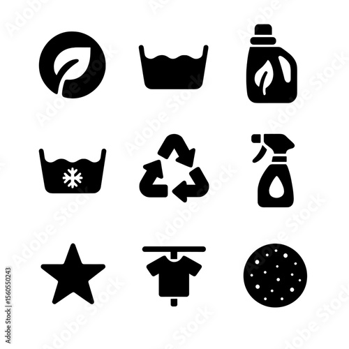 Eco Laundry Icons. Solid, filled icon set of eco-friendly laundry: eco symbol, low water wash, plant-based detergent, cold wash