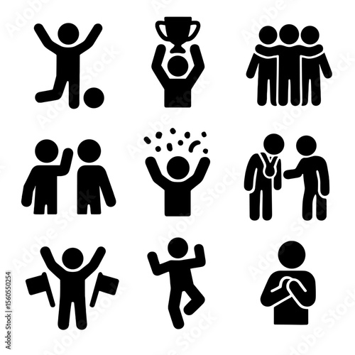 Soccer Celebration Icons. Solid, filled icon set of soccer celebrations: goal celebration, trophy raise, team huddle, high five,