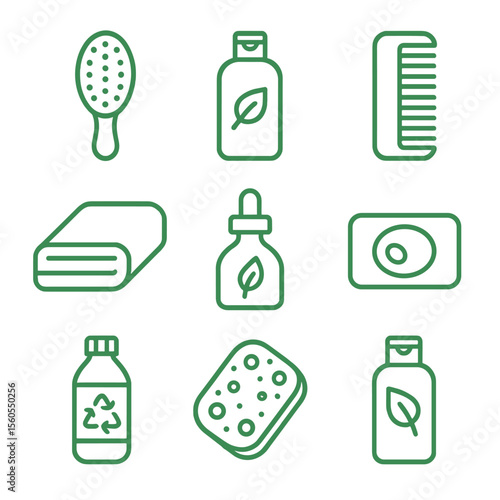 Eco Grooming Essentials. Outline icon set of green grooming products: bamboo brush, organic shampoo, wooden comb, cotton towel,