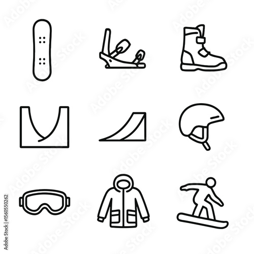 Snowboarding Icon Set. Outline icon set of Snowboarding: snowboard, bindings, snowboard boots, halfpipe, snowpark ramp, snowboard
