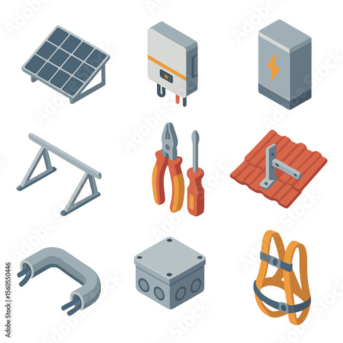 Solar Installation Icons. Isometric Flat icon set of rooftop solar installation: solar panel, inverter box, battery storage,