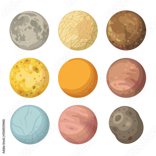 Solar System Moons Grid. Isometric Flat icon set of major moons and satellites: Moon, Europa, Ganymede, Callisto, Io, Titan,