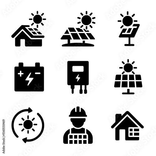 Solar Power Icons. Solid, filled icon set of solar power projects: rooftop solar, solar farm, sun tracker, battery storage,