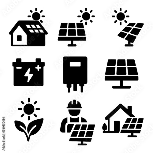 Solar Power Icons. Solid, filled icon set of solar power projects: rooftop solar, solar farm, sun tracker, battery storage,