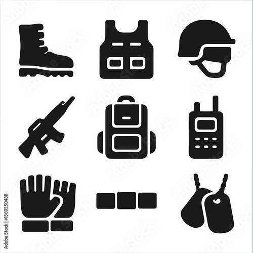 Soldier Gear Icons. Solid, filled icon set of soldier gear and accessories: combat boots, tactical vest, rifle, helmet with visor,