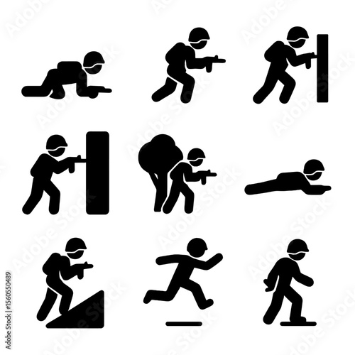 Soldier Movement Icons. Solid, filled icon set of soldier movement types: crawl, crouch walk, sprint, wall cover, tree lean, prone