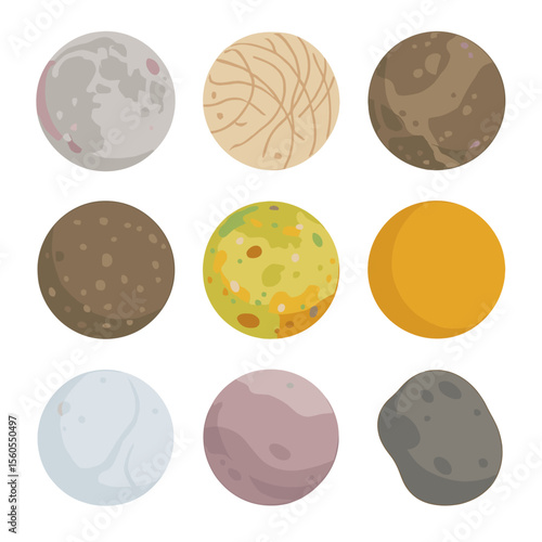 Solar System Moons Grid. Isometric Flat icon set of major moons and satellites: Moon, Europa, Ganymede, Callisto, Io, Titan,