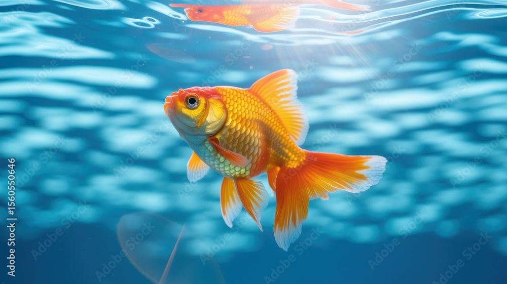 Fototapeta premium Vibrant goldfish swim gracefully beneath the shimmering water surface, illuminated by natural light.
