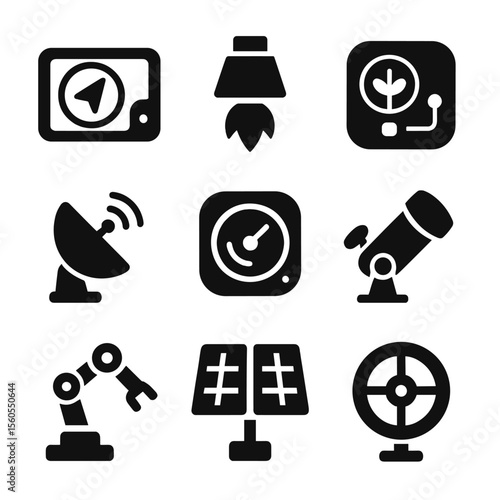 Space Technology Icon Set. Solid, filled icon set of space travel technology: navigation system, propulsion, life support,
