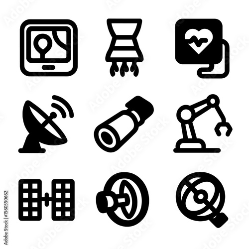 Space Technology Icon Set. Solid, filled icon set of space travel technology: navigation system, propulsion, life support,