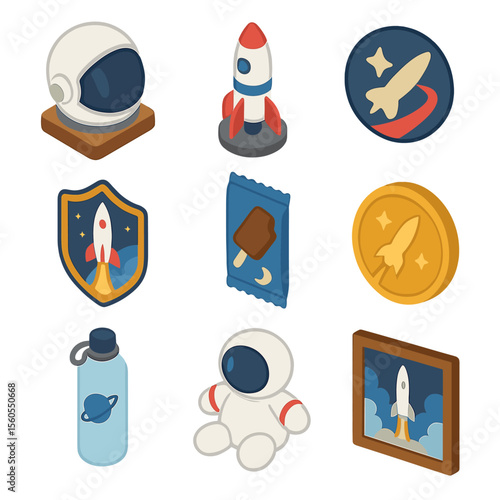 Space Souvenirs Icons. Isometric Flat icon set of space souvenirs and merchandise: astronaut helmet souvenir, model rocket, space