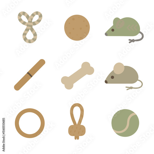 Eco-Friendly Pet Toys. Flat icon set of sustainable pet toys: hemp rope toy, cork ball, recycled fabric mouse, bamboo chew stick,