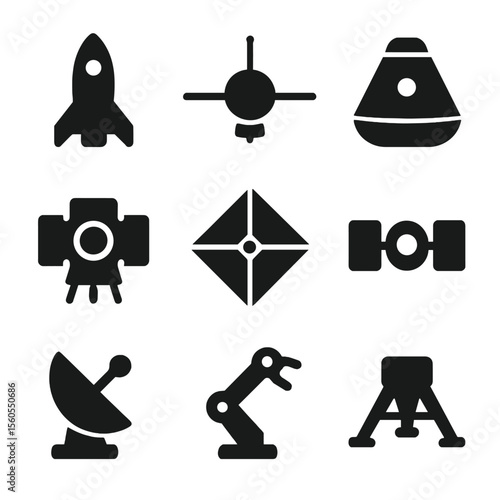 Spacecraft Icon Set. Solid, filled icon set of interstellar mission spacecraft: starship, probe, space capsule, ion thruster,