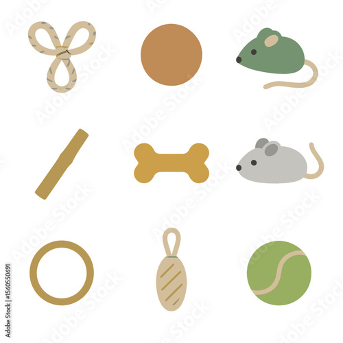 Eco-Friendly Pet Toys. Flat icon set of sustainable pet toys: hemp rope toy, cork ball, recycled fabric mouse, bamboo chew stick,