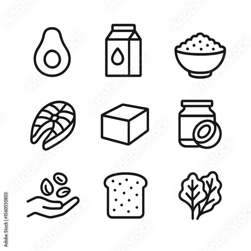Specialized Diet Icons. Outline icon set of specialized diet foods: avocado slice, almond milk carton, quinoa bowl, salmon fillet,