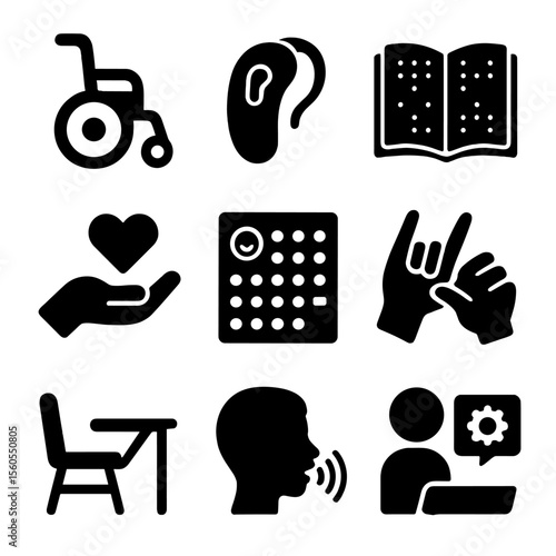 Special Needs Support Icons. Solid, filled icon set of special needs classroom support: wheelchair, hearing aid, Braille book,