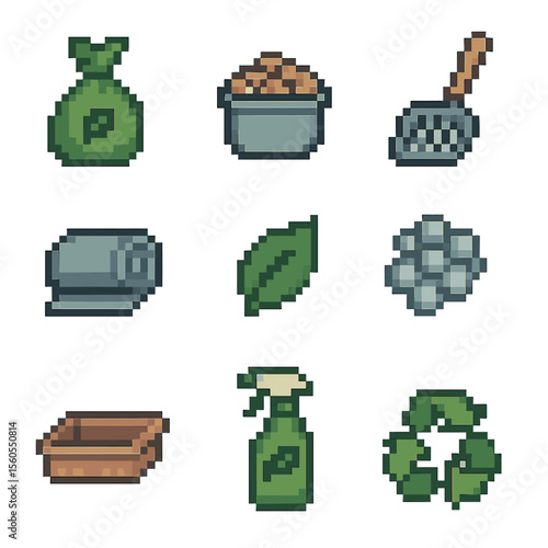 Eco-Friendly Waste Icons. Pixel art icon set of biodegradable waste solutions: compostable poop bags, biodegradable litter pellets