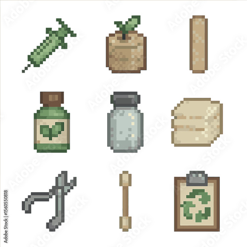 Eco-Friendly Vet Icons. Pixel art icon set of sustainable veterinary care: biodegradable syringe, organic bandage, wooden tongue