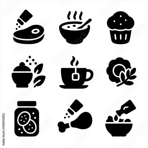 Spice Icons Layout. Solid, filled icon set of spice uses: seasoning meat, flavoring soup, baking, marinating, making tea, garnish,
