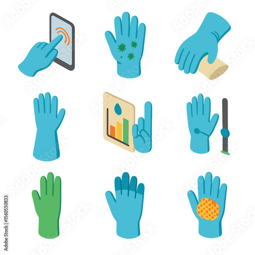 Specialty Glove Icon Set. Isometric Flat icon set of specialty glove features: touchscreen capability, antimicrobial coating,