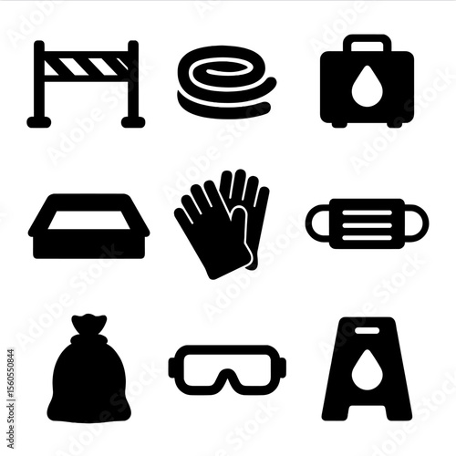 Spill Containment Icons. Solid, filled icon set of spill containment: barrier tape, absorbent material, spill kit, containment