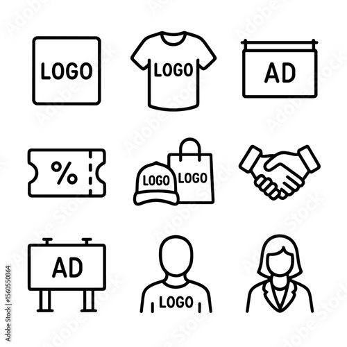 Sponsorship Icon Set. Outline icon set of sponsorship and branding: sponsor logo, branded jersey, ad banner, promo code,